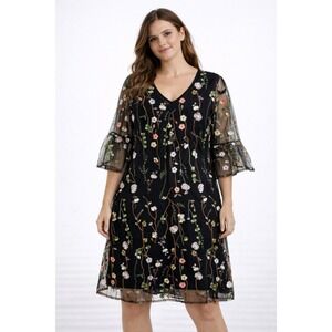 Spense NWT Black Floral Embroidered Mesh Bell Sleeve Dress Women's Size 10